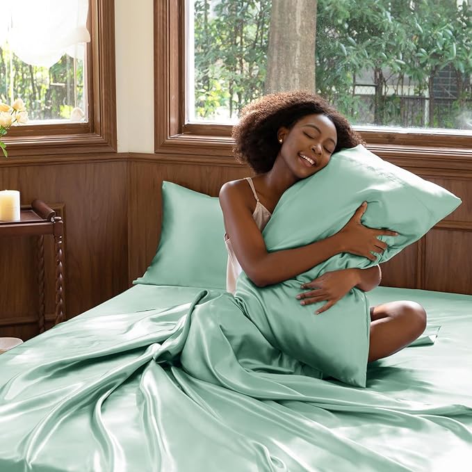 CozyLux Satin Sheets Full Size Sheets - 4 Piece Silky Full Size Bed Sheets, Luxury Aqua Full Bed Set with Smooth and Soft Microfiber, Includes 1 Fitted Sheet, 1 Flat Sheet and 2 Pillowcases