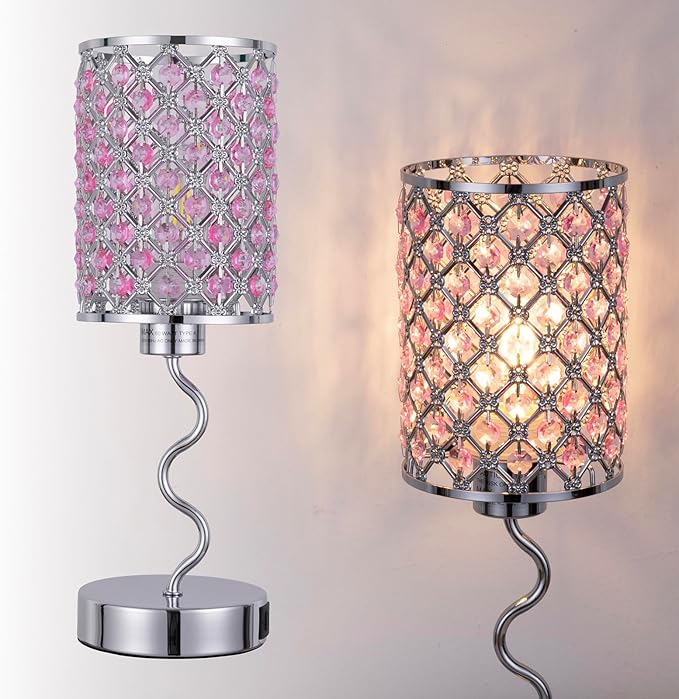 EOEYYOYB Crystal Table Lamp with 3 Way Dimmable Touch Control, Nightstand with USB A+C Ports, Modern Bedside Touch Lamp for Bedroom, Living Room, Office Reading, Pink