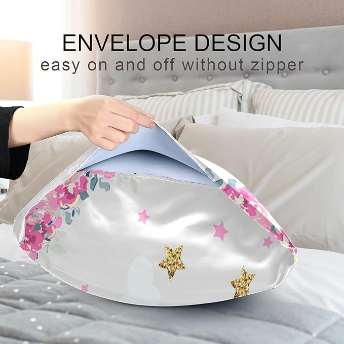 Cute Unicorn Girl Print Satin Pillowcase for Hair and Skin, Unicorn and Pink Flowers Silk Pillow Case with Envelope Closure, Standard Size 20x26 inches, White, 1 PC