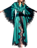 BATHGOWN Women's Satin Robe Black Silk Kimono Bride Robe for Wedding Day Lightweight Long Lace Loungewear Sleepwear