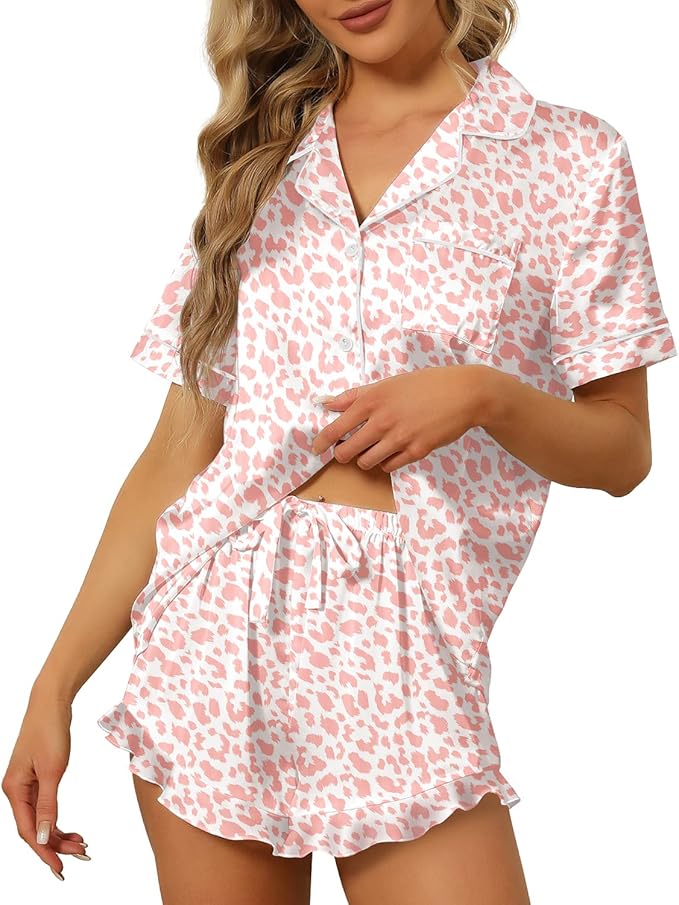 SAPJON Satin Silk Pajamas for Women 2Pcs Ruffle Notch Collar Sleepwear Button Down Short Sleeve Shorts Pjs Set Loungewear