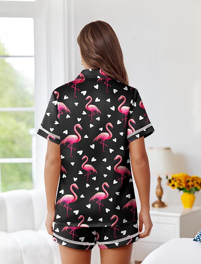 Ekouaer Womens Silk Pajama Sets Button Up Satin Pjs Short Sleeve 2 Piece Pj Sets Cute Lounge Sets with Chest Pocket