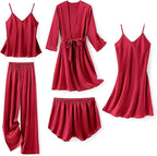 SAPJON Silk Pajamas for Women 5Pcs Sleepwear Loungewear Satin Robe Cami Shorts Pj Set