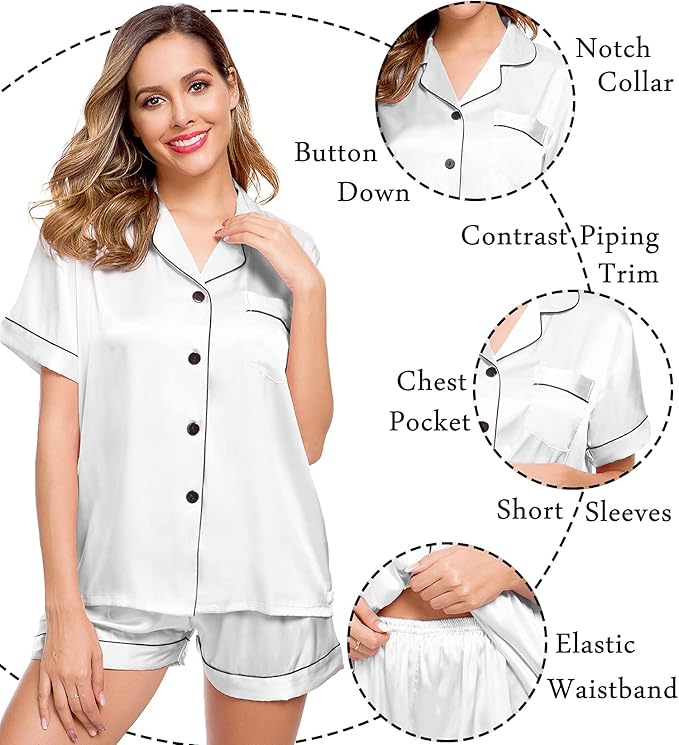 LecGee Womens Silk Satin Pajamas Short Sleeve Loungewear Two-Piece Sleepwear Button-Down Pj Set