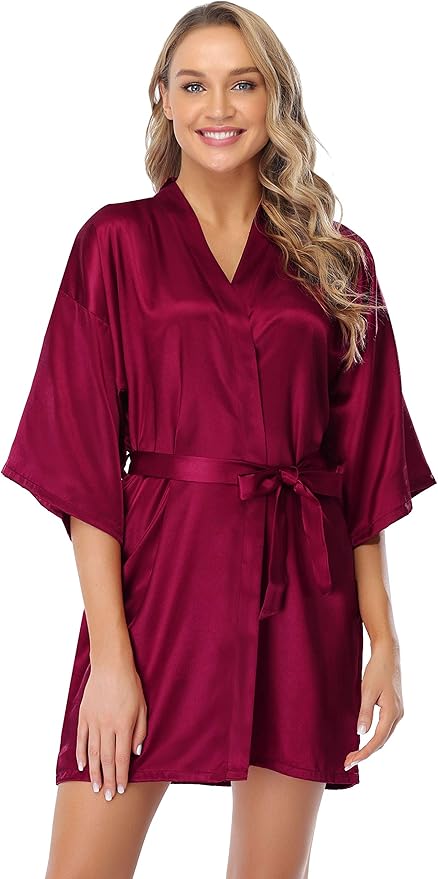 Vlazom Womens Kimono Robes Dressing Gown Satin Bathrobe Nightdress Short Style Bridal Robe
