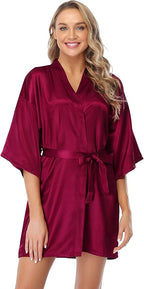 Vlazom Womens Kimono Robes Dressing Gown Satin Bathrobe Nightdress Short Style Bridal Robe