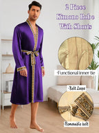 ChiaoLezhee Mens Satin Bath Robe with Shorts Set, Silk Paisley Kimono Lightweight, Soft Long Sleeve Sleepwear