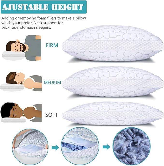 Shredded Memory Foam Pillows 2 Pack, Rayon Derived from Bamboo Pillow Queen Size Set of 2, Cooling Gel Pillows for Sleeping, Adjustable Pillow for Side Stomach and Back Sleepers with Washable Cover