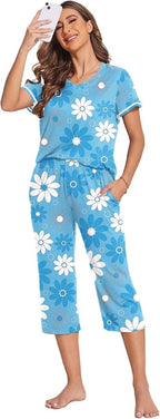 Ekouaer Women's Sleepwear Capri Pajama Sets Short Sleeve Two-Piece Pjs V Neck Tops & Capri Pants with Pockets S-3XL