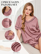 Silk Pajamas for Women Short Sleeve Satin 2 Piece Pj Set Soft V Neck Sleepwear Loungewear, S-XXL