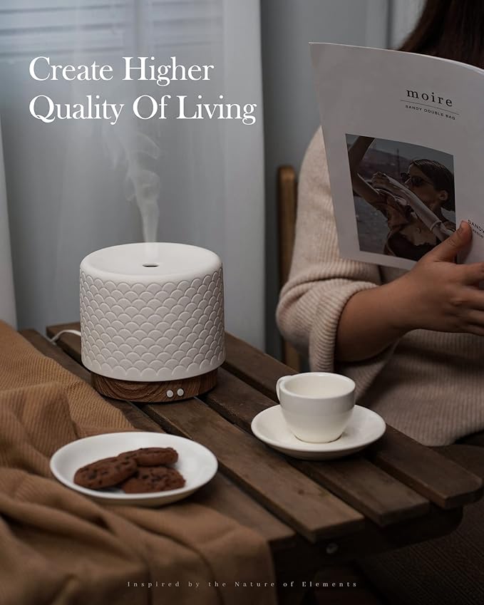 Essential Oil Diffuser -280ml Ceramic Diffuser for Large Room&Commercial Use, 2.4MHz Cool Mist Humidifier & Independent Decorative Light & Aromatherapy Diffuser,2 Mist,Timer,Auto-Off