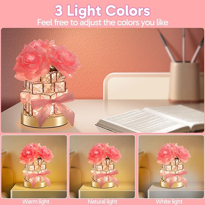 ONXE Birthday Gifts for GF Girlfriend Mom Wife, Flower Cordless Crystal Table Lamp,3-Colour Dimming Rechargeable Forever Rose Bedside Lamp Night Light Anniversary Decor for Women Men