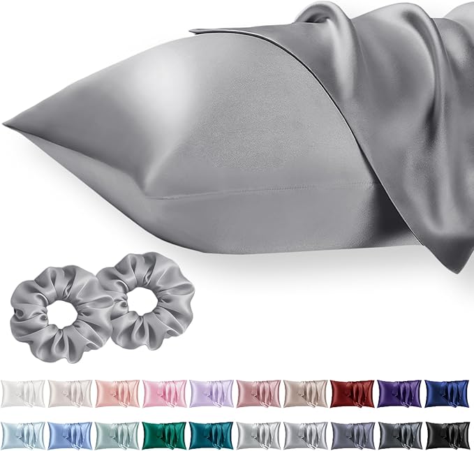 Vielit Queen Satin Pillowcase for Hair 2pc,Similar to Silk Pillow Cases,Easier Care Than Silk Pillowcase,Gifts for Women Men,Grey,20x30 & Envelope Closure and 2 Satin Scrunchies