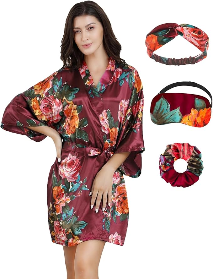 EPLAZA Silk Robes for Women Satin Robe Short Sexy Print Flower Kimono Loungewear Wedding Bridal Party