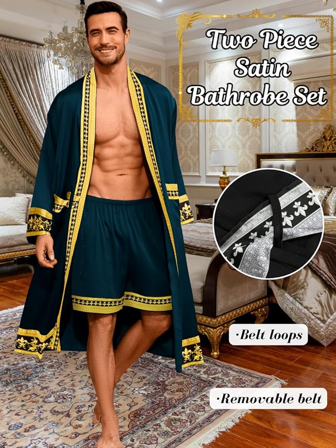 ChiaoLezhee Men's Luxury Silky Robe & Shorts Set, 2PC Lightweight Satin Pajamas with Pockets, Opulent Baroque Kimono Gifts