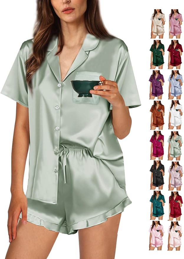 WJing Yi Jia Ruffle Pajama Sets For Women XS-4XL Womens Silk Satin Pajamas Set Silky Sleepwear Pj Sets Nightwear Loungewear