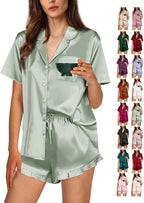 WJing Yi Jia Ruffle Pajama Sets For Women XS-4XL Womens Silk Satin Pajamas Set Silky Sleepwear Pj Sets Nightwear Loungewear