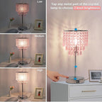 Crystal Touch Control Table Lamp with Dual USB Charging Ports, 3 Way Dimmable Bedside Lamp with Pink Shade, Decorative Nightstand Lamp for Girls Bedroom, Living Room, Office, B11 LED Bulb Included