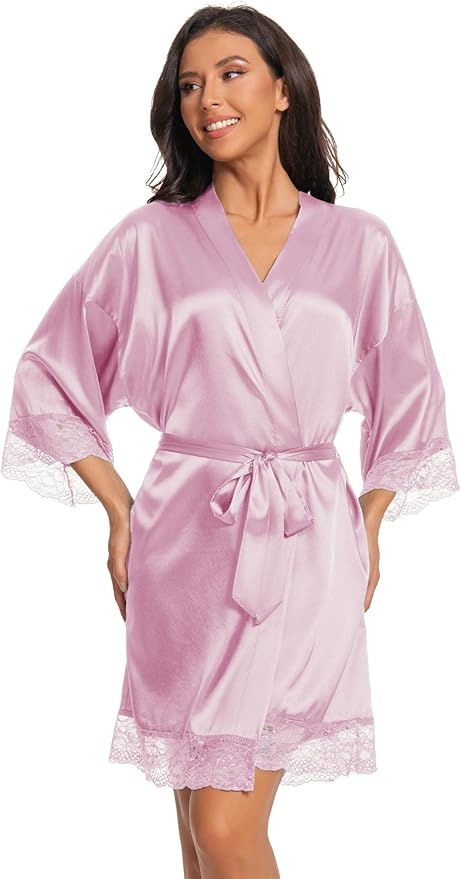 Kihnop Women's Satin Robe Silk Robe Lace Bridal Robes for Bride Bridesmaid Robes Silky Bathrobe Getting Ready Sleepwear