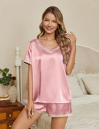 Ekouaer Silk Pajamas for Women Short Sleeve Satin Sleepwear Soft 2 Piece Pjs Shorts Set Loungewear,S-XX