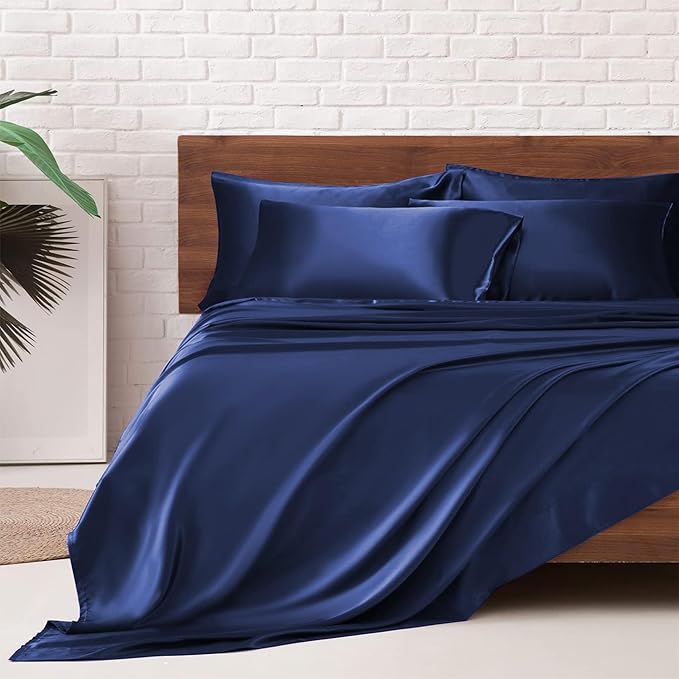 MR&HM Satin Bed Sheets, King Size Sheets Set, 6 Pcs Silky Bedding Set with 15 Inches Deep Pocket for Mattress (King, Navy Blue)