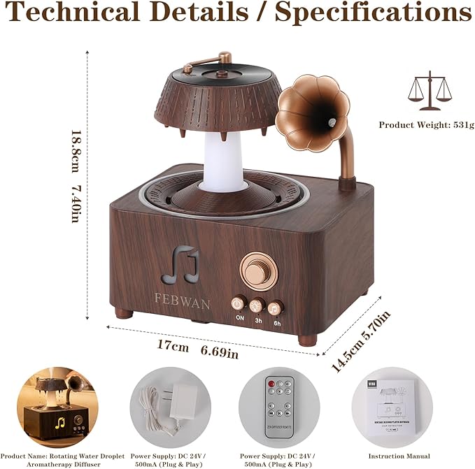 Rotating Water Droplet Aromatherapy Diffuser, Vintage Record Player Essential Oil Diffuser with Bluetooth Speaker, Ultrasonic Humidifier, Colorful Lights, Timer, Remote Control, 250ml, Gift