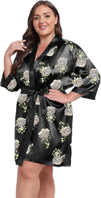 Women's Plus Size Satin Kimono Robes Short Silky Bathrobe Wedding Getting Ready Sleepwear Loungewear
