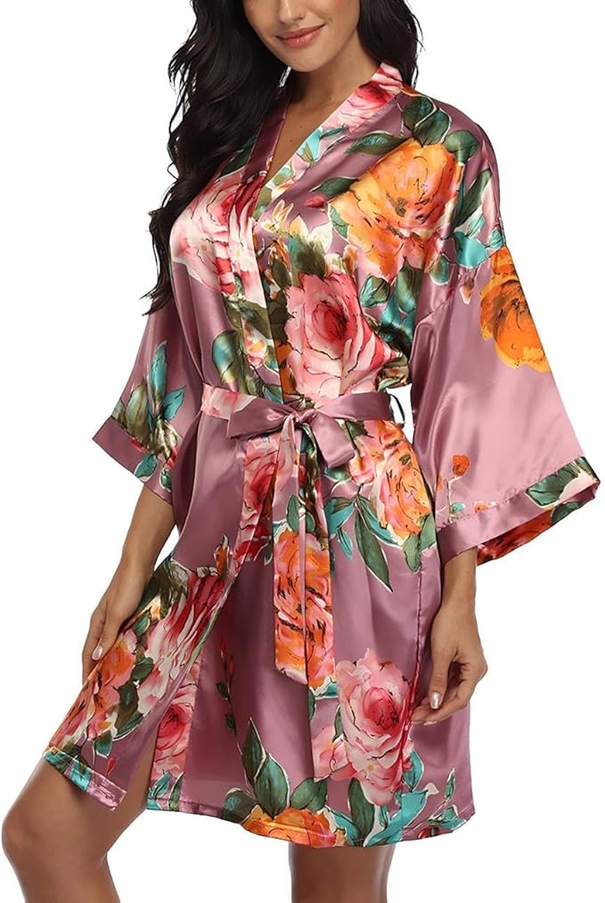 Floral Silk Robes for Women Kimono Satin Short Bath Robe Bridal Dressing Gown Bride Bridesmaids Lightweight Bathrobes