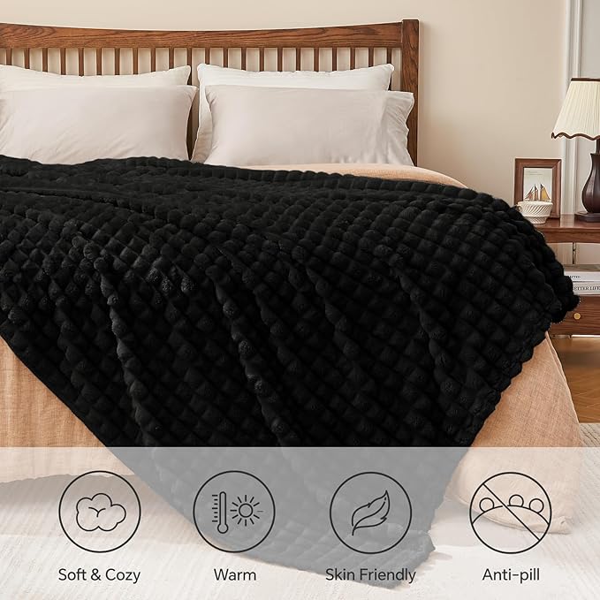 BEDELITE Black Throw Blanket Twin Size for Bed- Super Soft and Warm 3D Checkered Fluffy Fuzzy Fleece Blanket, Luxurious Plush Cozy Blanket for Room Decor Fall and Winter, 60x80 inches