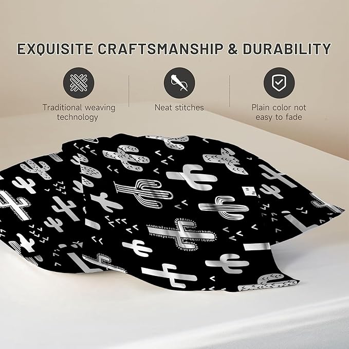 1 Pack Satin Pillowcase for Hair and Skin Funny Black and White Cactus Imitation Silk Pillowcase with Hidden Zipper Soft Breathable Smooth Cooling Pillow Cover King Size for Bedroom Sofa 20”x36”