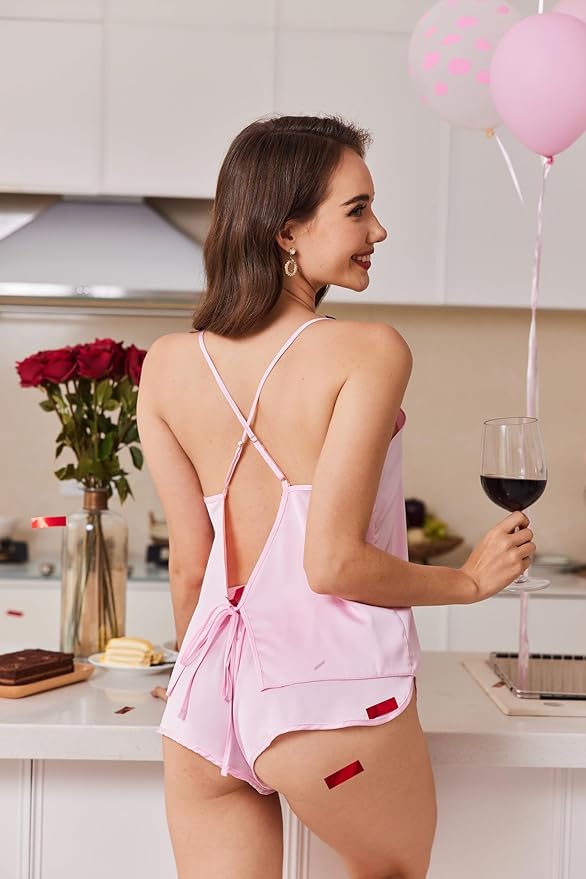 Ekouaer Silk Pajamas Set for Women Satin Backless Lingerie Pjs Cami Top and Shorts Nightwear