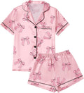 LYANER Women's Silky Satin Pajamas Set Short Sleeve Button Down Shirt With Shorts Pjs Set Sleepwear