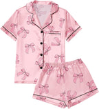 LYANER Women's Silky Satin Pajamas Set Short Sleeve Button Down Shirt With Shorts Pjs Set Sleepwear