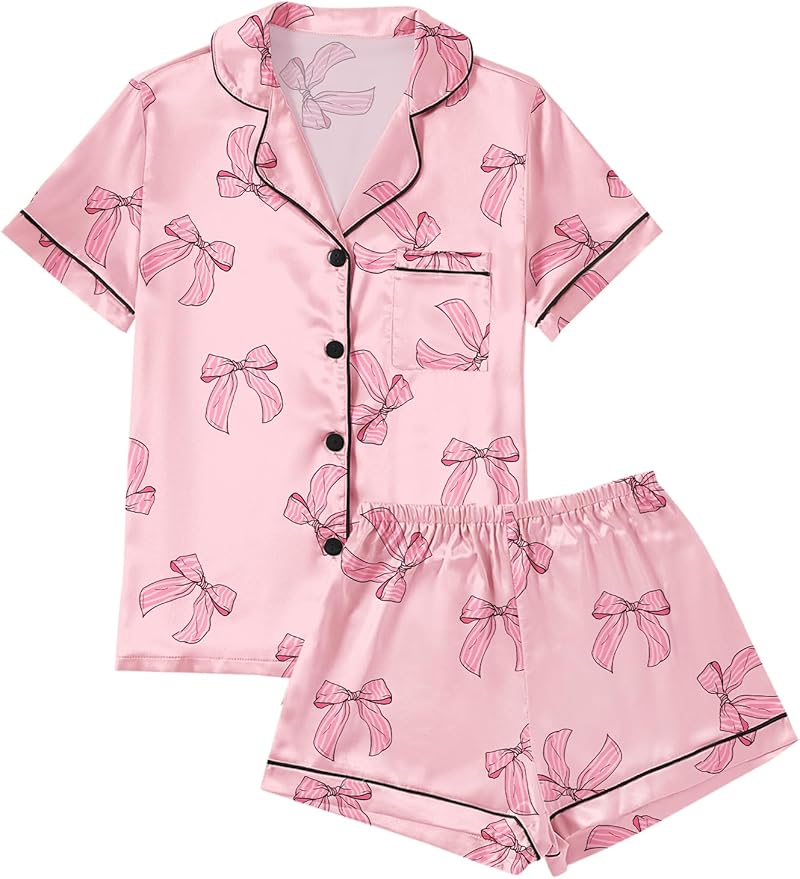 LYANER Women's Silky Satin Pajamas Set Short Sleeve Button Down Shirt With Shorts Pjs Set Sleepwear