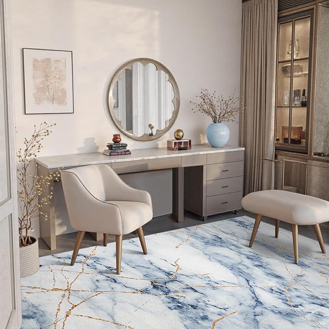 CRYPTOLITE Abstract Area Rug 4x6 Washable Rug with Non-Slip Backing Low Pile Area Rug Area Rugs for Living Room, Bedroom, Dining Room, Blue