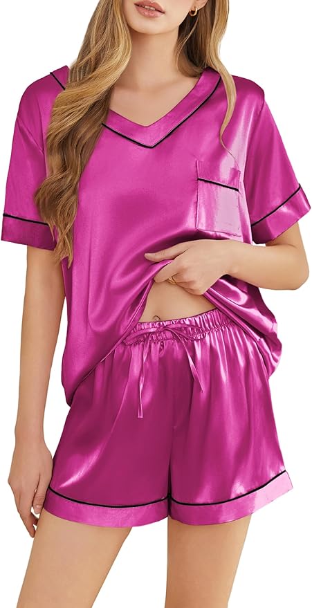 Silk Pajamas for Women Short Sleeve Satin 2 Piece Pj Set Soft V Neck Sleepwear Loungewear, S-XXL