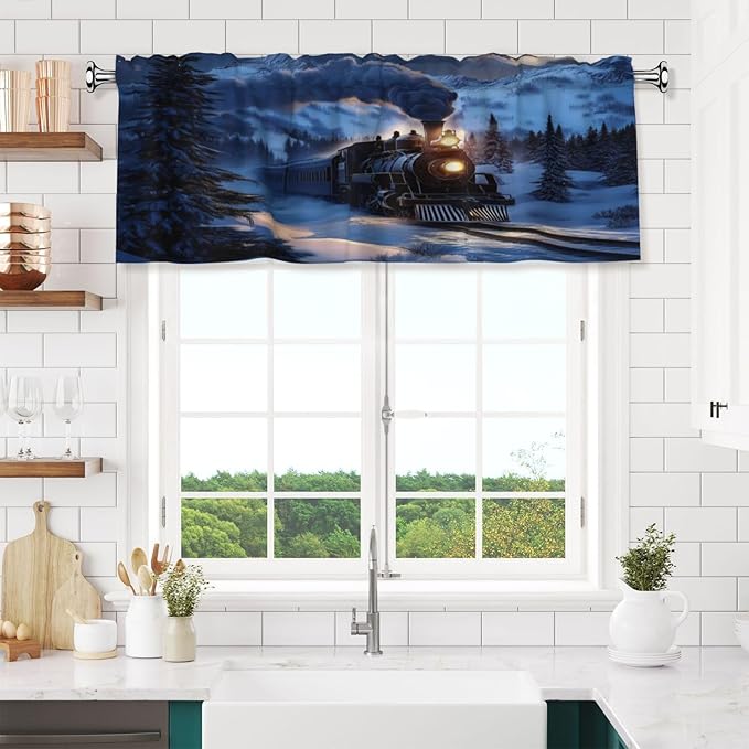 Majestic Night Train in Snowy Mountains Curtain Valance Peach Skin Velvet Printed Window Valance with Rod Pocket Light Filtering for Kitchen Bathroom 54x18in