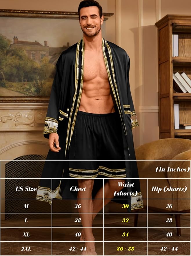 ChiaoLezhee Men's Luxury Silky Robe & Shorts Set, 2PC Lightweight Satin Pajamas with Pockets, Opulent Baroque Kimono Gifts