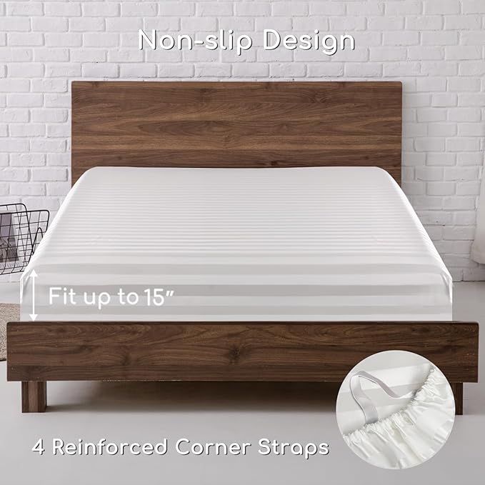 MR&HM Satin Bed Sheets, King Size Sheets Set, 4 Pcs Silky Bedding Set with 15 Inches Deep Pocket for Mattress (King, Ivory Striped)
