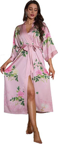 Kihnop Women's Floral Long Kimono Robe Long Satin Robe Long Silk Robe Ladies Kimonos Silky Bathrobe Cover Up, One Size