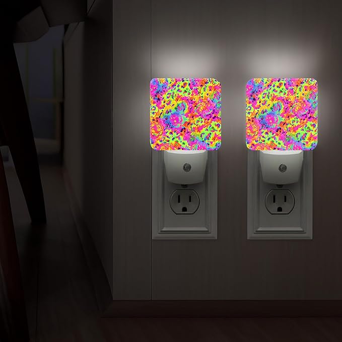 Floral Night Lights Plug Into Wall, Modern Playful Swirls Colorful Patterns Summer Neon Peach Plug in Wall Night Light with Auto Sensor for Bathroom Hallway Stairs Decor 2pcs