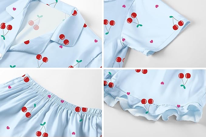 Umeyda Girls & Women Satin Pajamas Set Button Down 2 Piece Silk Pjs Shorts Set Ruffle Sleepwear, 5 Years-Women L