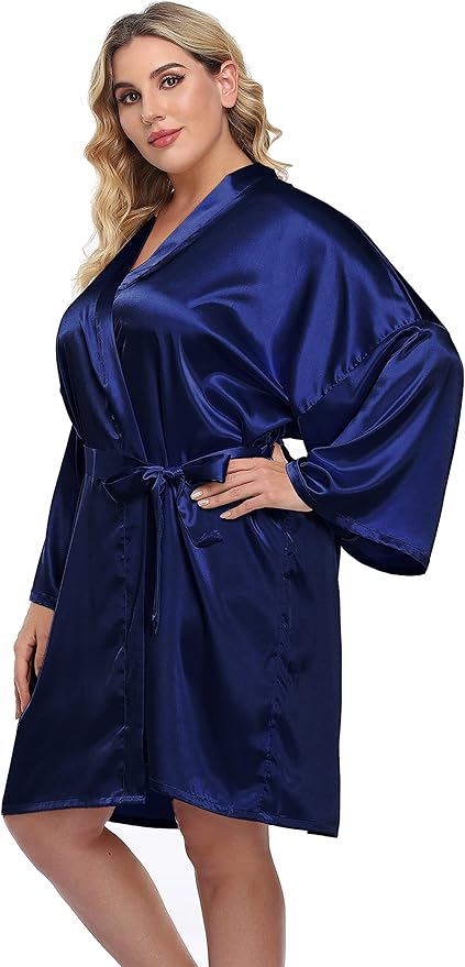 Women's Plus Size Satin Kimono Robes Short Silk Bathrobe Bridesmaid Wedding Party Nightgown Sleepwear