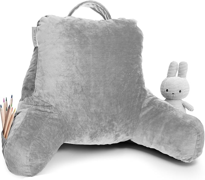 Clara Clark Reading Pillow for Kids & Teens with Shredded Memory Foam, Backrest Pillows for Reading, Watching, and Gaming, Use on The Couch, Bed, or Floor Adjustable Support, Washable Cover Light Grey