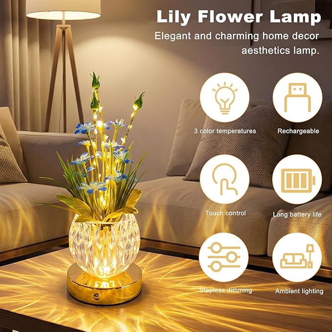 Lily Flower Lamp, Rechargeable Artificial Flower Table Lamp with 3 Color Temperature, Dimmable Touch Cordless Lamp for Bedroom Room Home Decor, Birthday Mother's Day Gift for Mom Grandma Women (Lily)