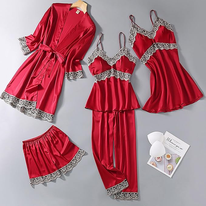 Women's 4pcs Silk Satin Pajamas Set Floral Lace Trim Dress with Robe Lounge Sleepwear Nightdress Novelty Loungewear