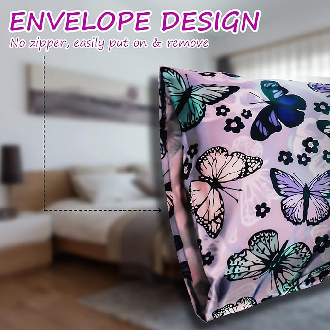 Satin Pillowcase for Hair and Skin, Soft Satin Pillow Cases Queen Size Pack of 2, Cooling Silk Satin Pillowcase Set with Envelope Closure (20’’x30’’, Purple, Butterflies & Flower)