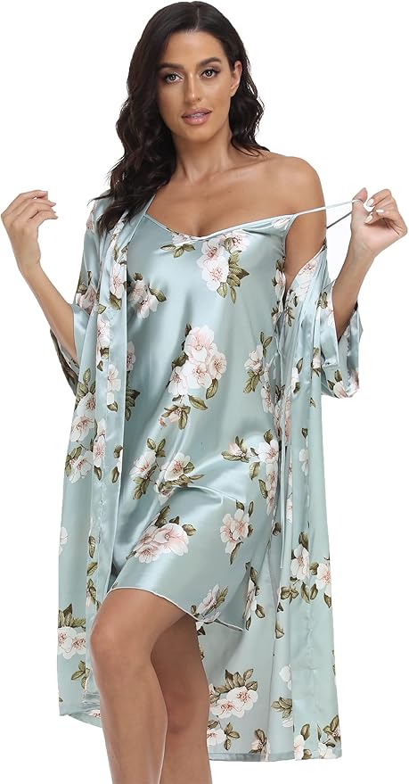 Women's Satin Robes Set with Nightgown Silk Kimono Pajamas 2 Piece Sleepwear Camisole Wedding Bride Gown Set