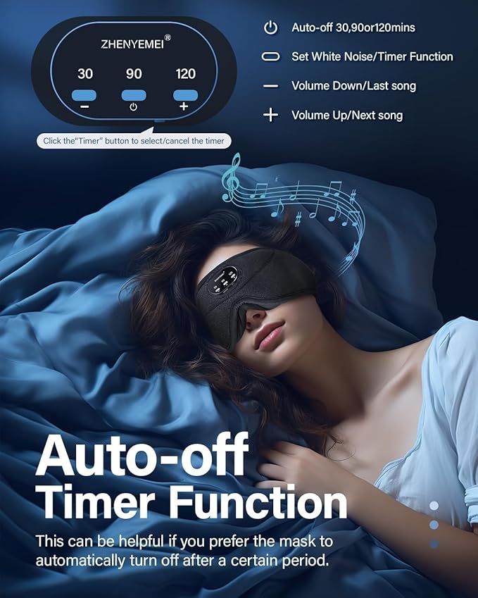 Bluetooth Sleep Headphones for Side Sleepers with Timming Setting, 100% Blackout 3D Contoured Eye Mask for Sleeping & Music Auto Shut Off, Breathable No Pressure for Side Sleeper Travel