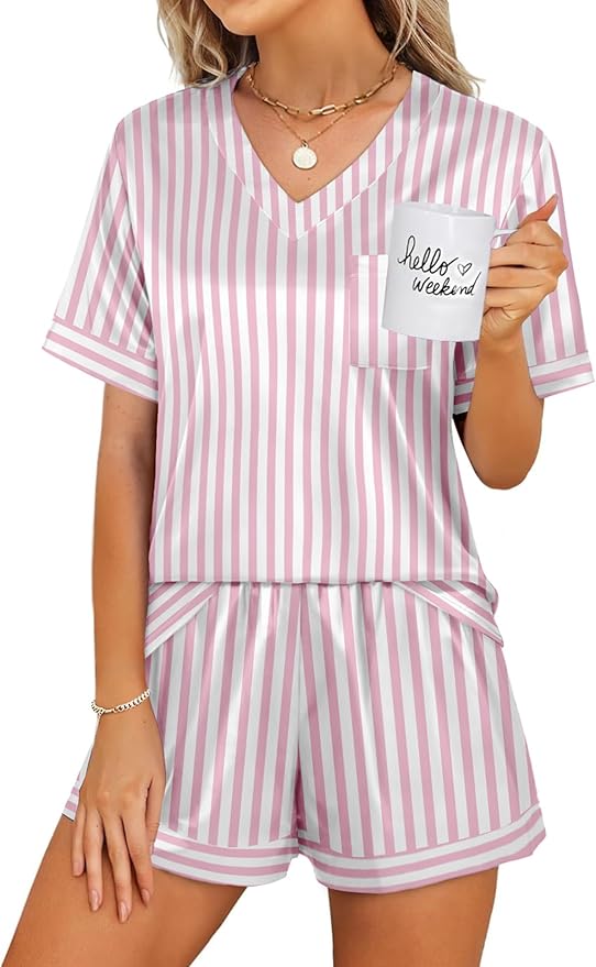 WIHOLL Silk Pajamas for Women Short Sleeve Sleepwear Soft Lounge Sets 2 Piece Satin Pjs
